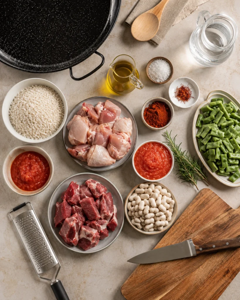 Ingredientes frescos organizados sobre una encimera para preparar una receta tradicional de arroz valenciano con pollo, verduras, garrofó, azafrán y aceite de oliva.