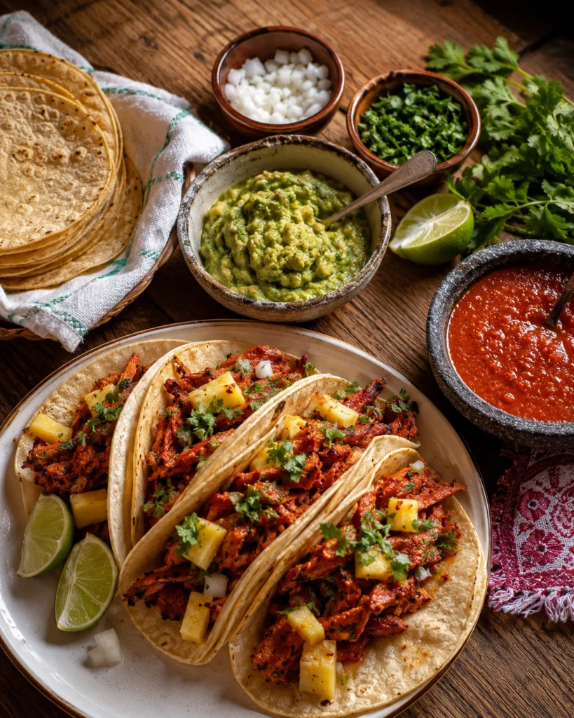 Receta de tacos al pastor 5 Tacos rellenos de carne dorada acompañados de salsa roja, cilantro fresco, cebolla y gajos de lima.
