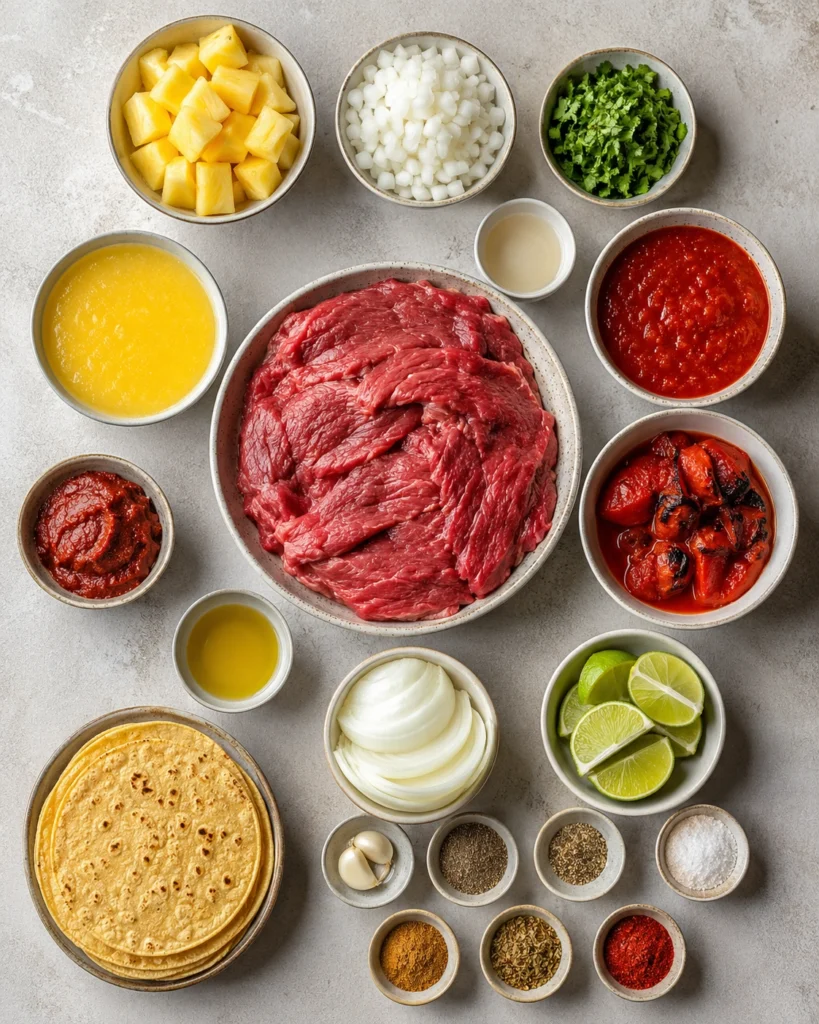 Receta de tacos al pastor 3 Tortillas de maíz, pico de gallo, cebolla, cilantro, piña fresca y salsa roja sobre una mesa de madera.