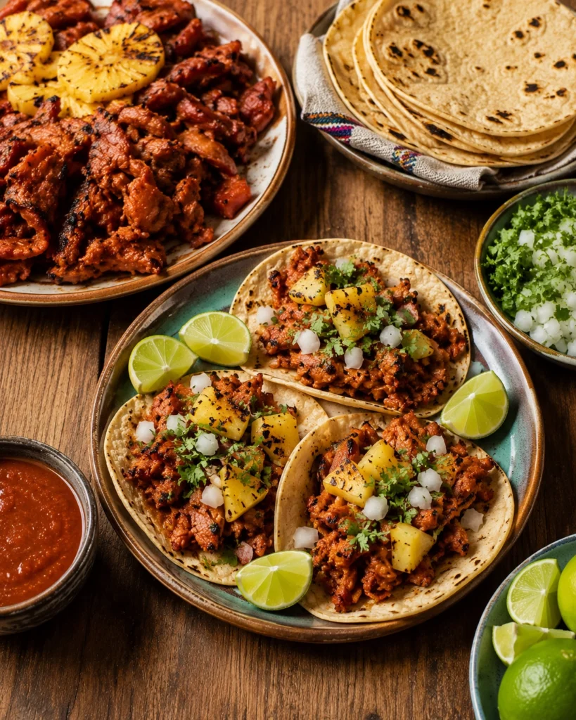 Receta de tacos al pastor 6 Tacos acompañados de guacamole cremoso, salsa roja, cilantro picado y tortillas calientes.