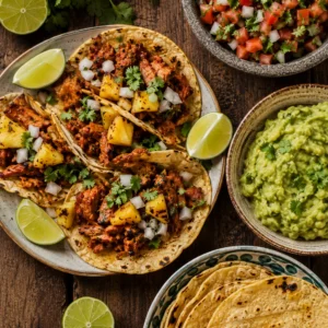 Receta de tacos al pastor 7 Plato de tacos servidos con carne marinada, piña dorada, cebolla blanca y cilantro fresco.