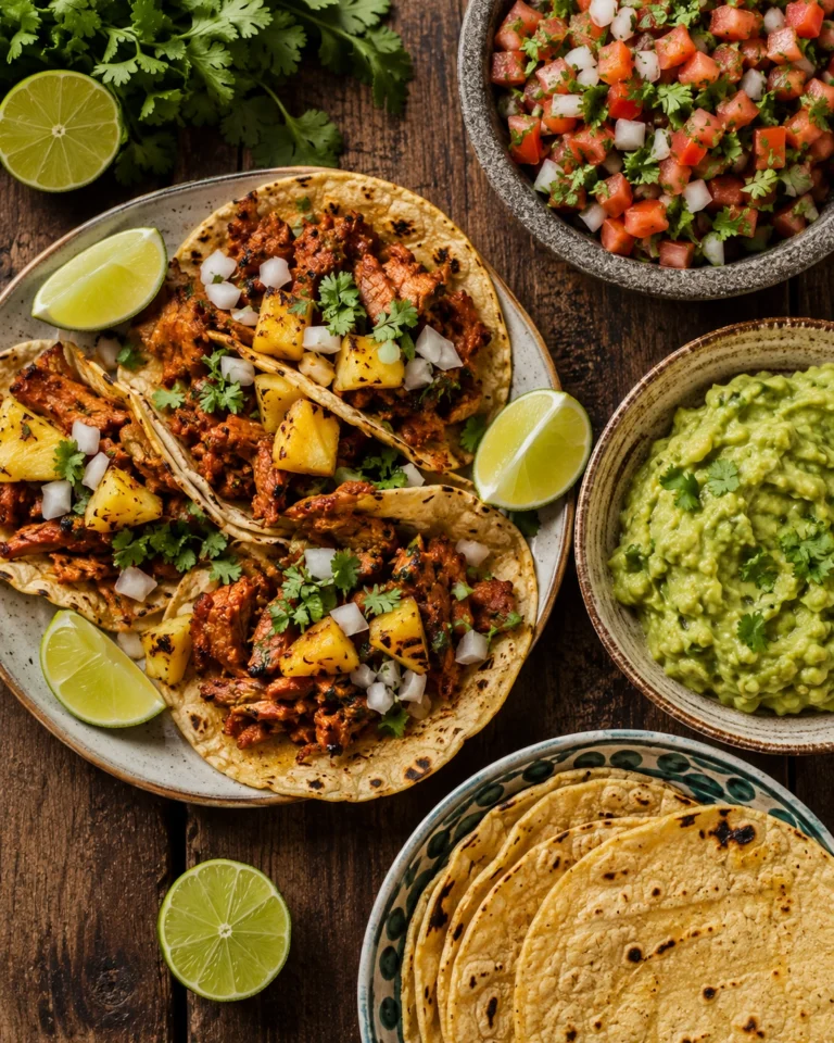 Plato de tacos servidos con carne marinada, piña dorada, cebolla blanca y cilantro fresco.