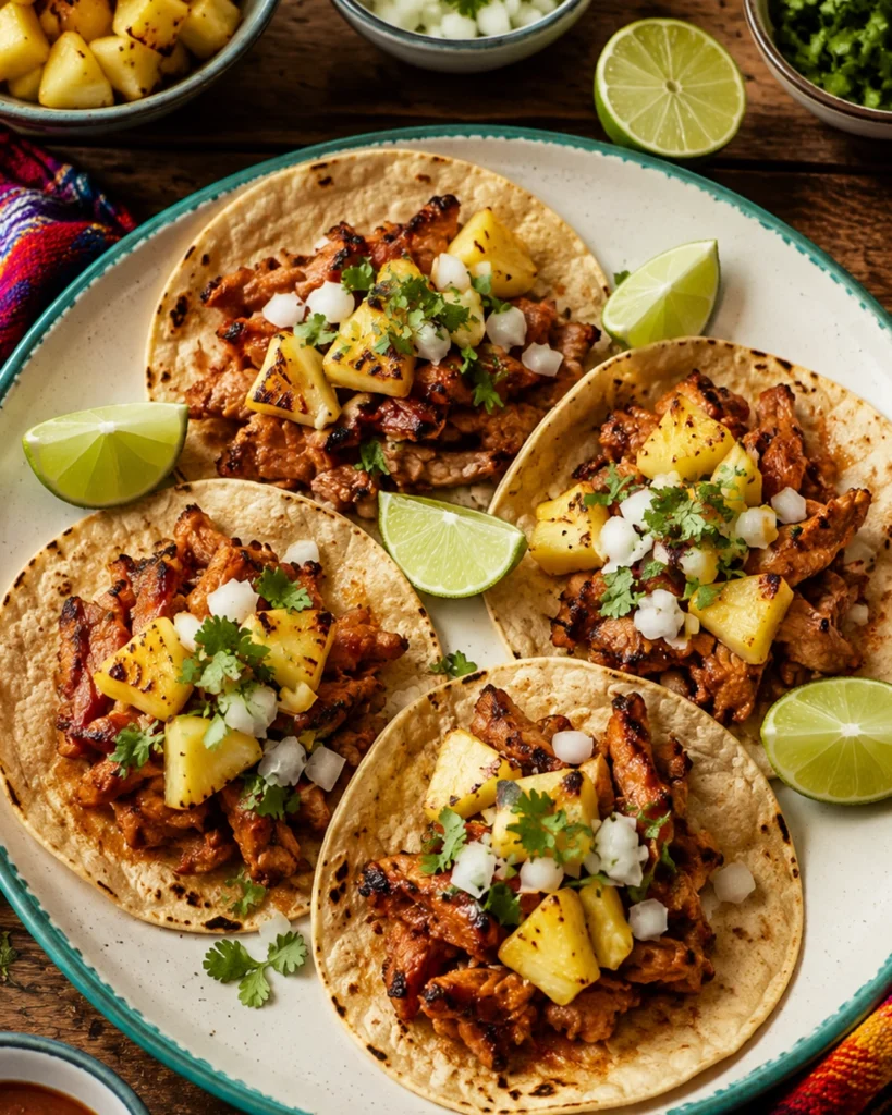 Receta de tacos al pastor 2 Plato de tacos acompañado de guacamole casero, pico de gallo fresco y tortillas de maíz calientes.