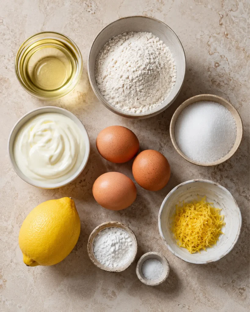 Bizcocho de yogur de limón clásico que siempre sale bien y que gusta 2 Ingredientes para la receta de bizcocho de yogur sobre mesa de piedra