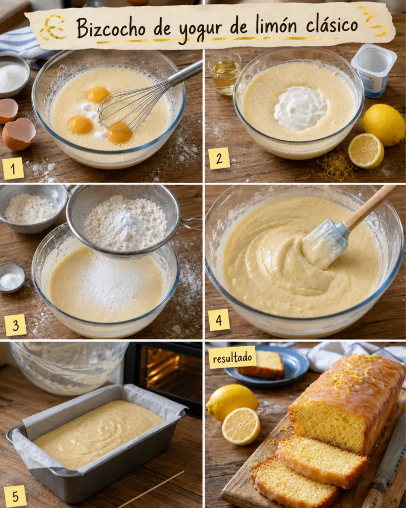Bizcocho de yogur de limón clásico que siempre sale bien y que gusta 3 Collage de pasos para preparar un bizcocho de yogur casero