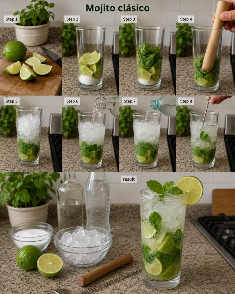 Mojito clásico 4 Preparación paso a paso de un mojito clásico con lima, menta, hielo y soda en vaso alto.