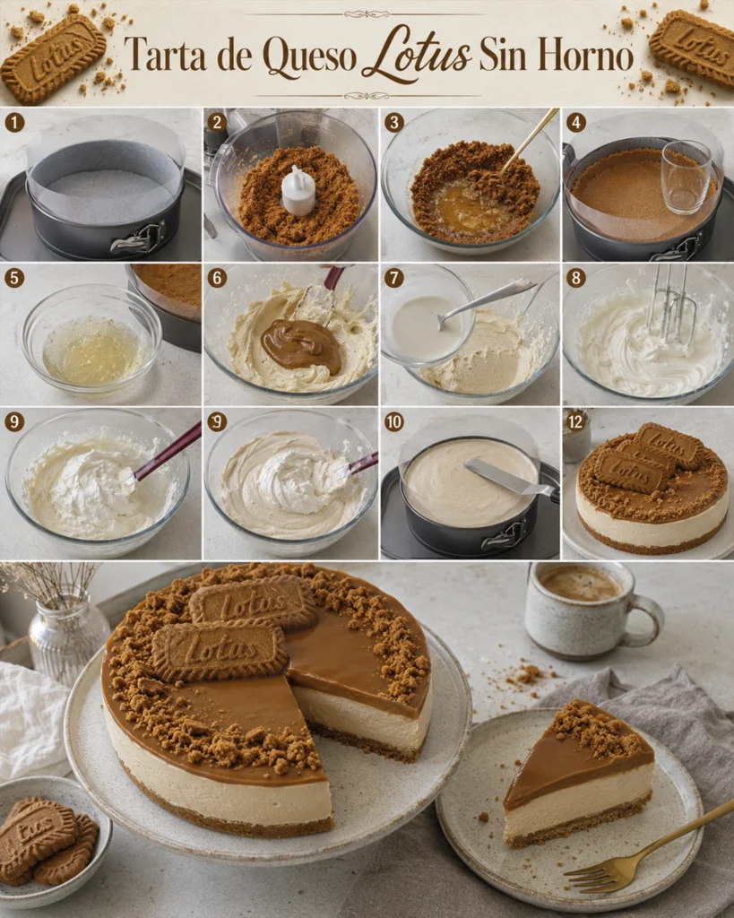 Tarta de queso Lotus sin horno 4 Pasos para hacer tarta de queso Lotus sin horno, desde la base de galletas hasta la decoración final.