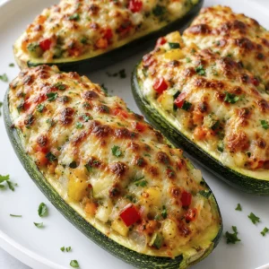 Barquitas de calabacín al horno con pimiento, cebolla, queso fundido y perejil fresco sobre un plato blanco.