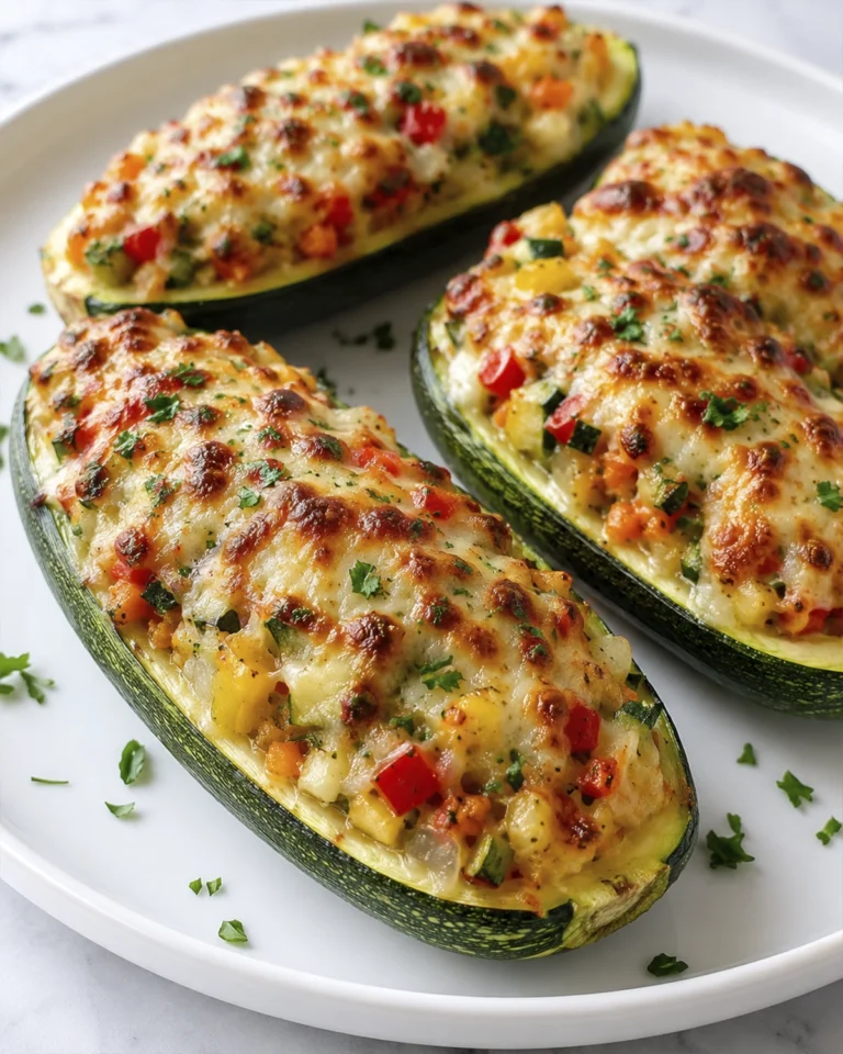 Barquitas de calabacín al horno con pimiento, cebolla, queso fundido y perejil fresco sobre un plato blanco.