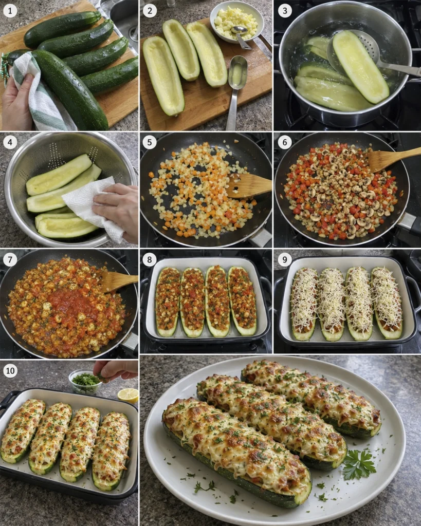 Proceso paso a paso para preparar calabacines rellenos, desde el vaciado hasta el horneado con queso.