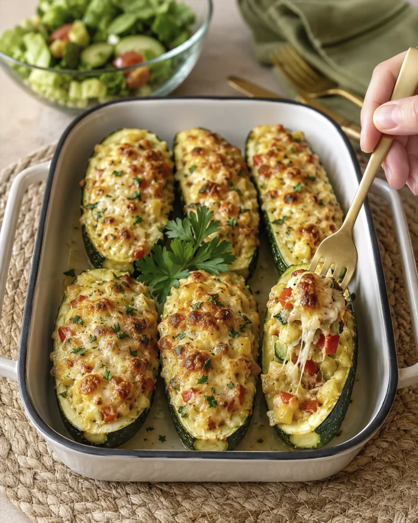 Fuente de calabacines horneados con verduras y queso gratinado, mientras un tenedor levanta una porción cremosa.