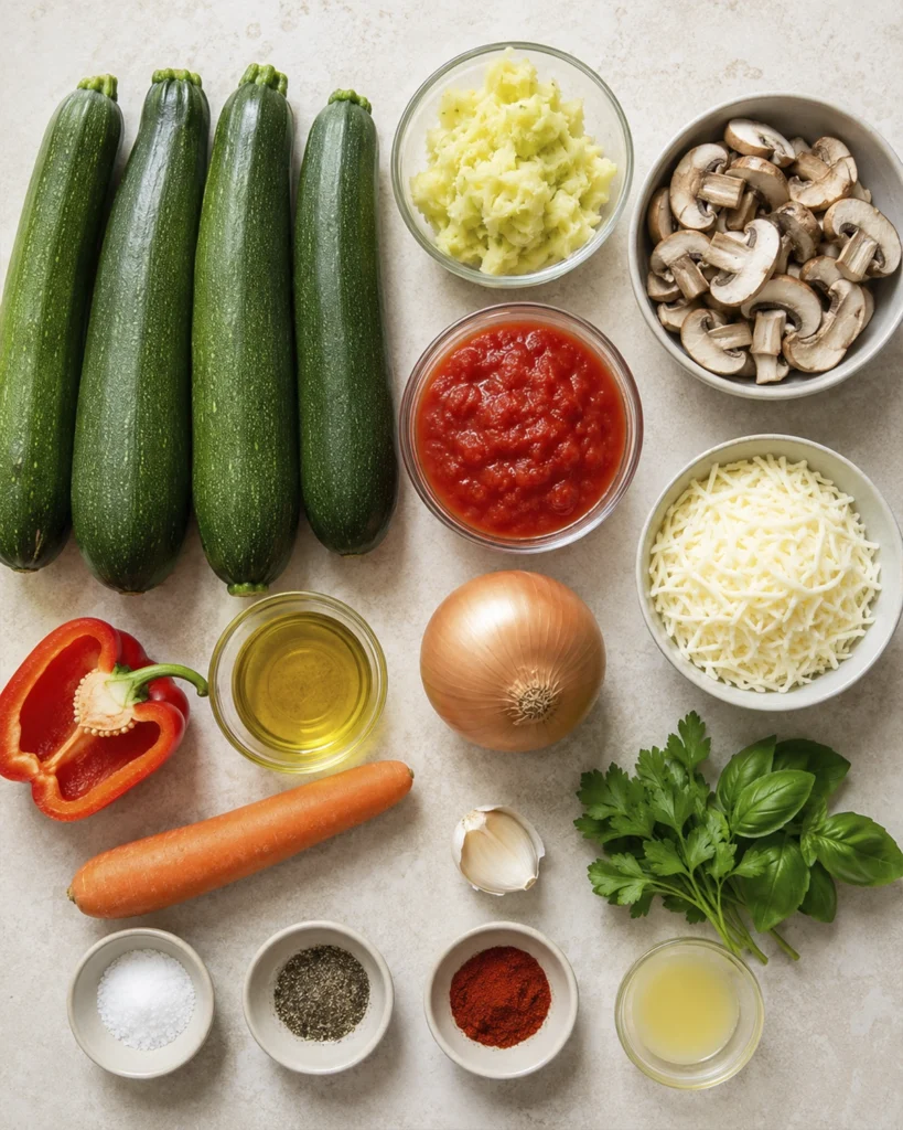 Ingredientes para calabacines rellenos con verduras, champiñones, tomate, queso, aceite de oliva y hierbas frescas.