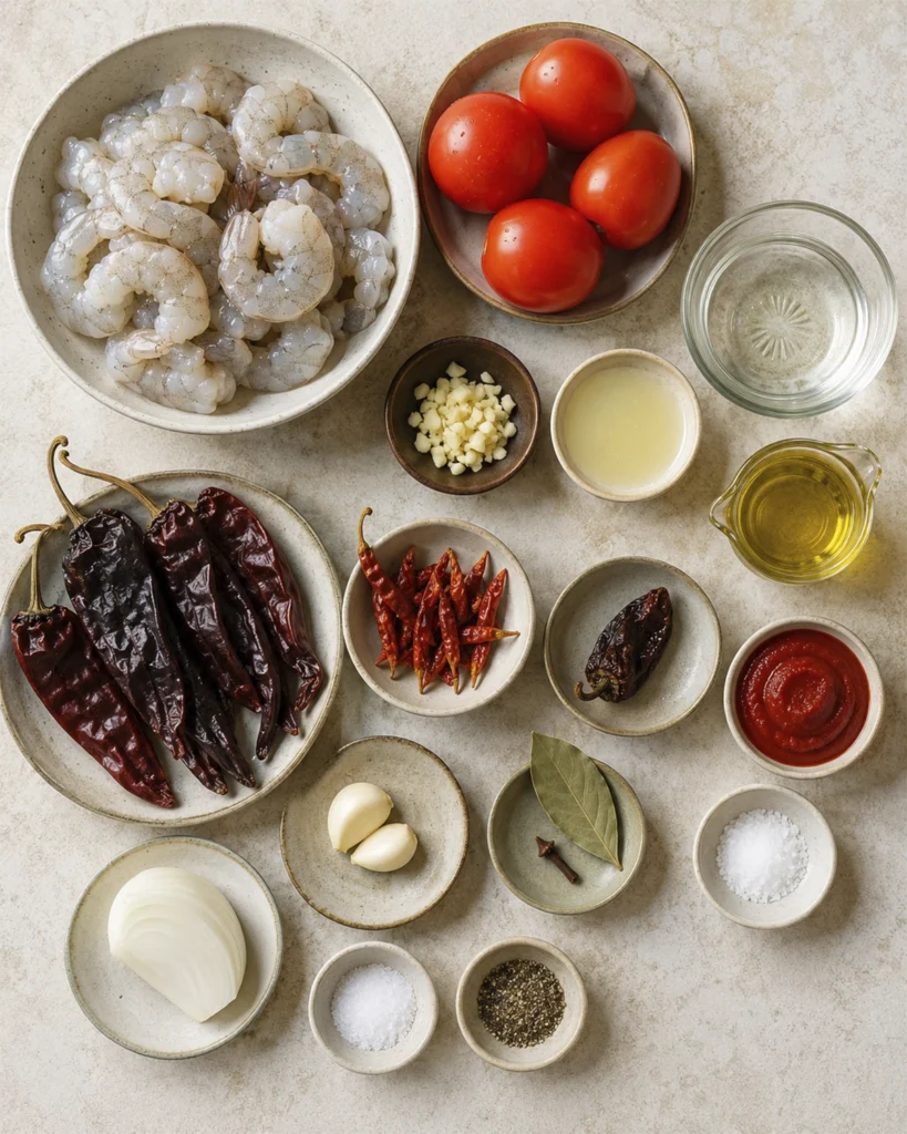 Camarones a la diabla con ingredientes frescos como chiles secos, jitomate, ajo, cebolla y especias.