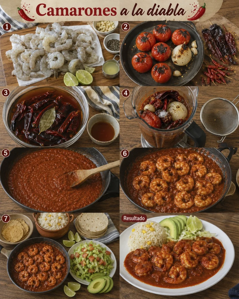 Camarones a la diabla paso a paso, desde la limpieza de los camarones hasta la salsa roja y el plato final.