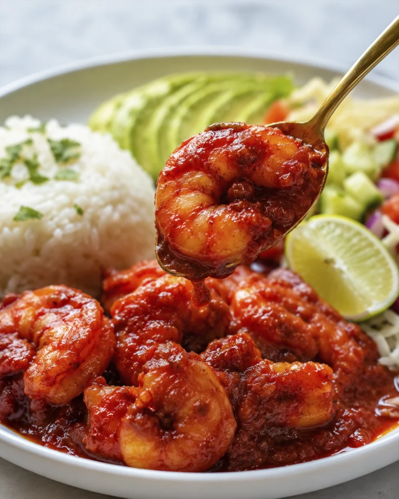 Camarones a la diabla en cuchara con salsa roja brillante, arroz blanco, aguacate y limón al fondo.