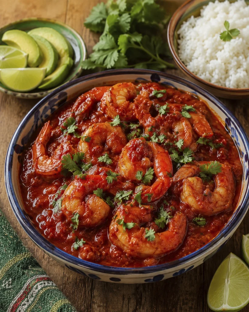Camarones a la diabla en cuenco con cilantro fresco, arroz blanco, aguacate y gajos de limón.