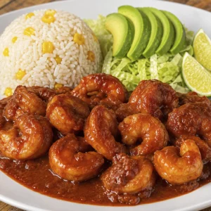 Camarones a la diabla servidos con salsa roja picante, arroz blanco, aguacate, lechuga y limón.