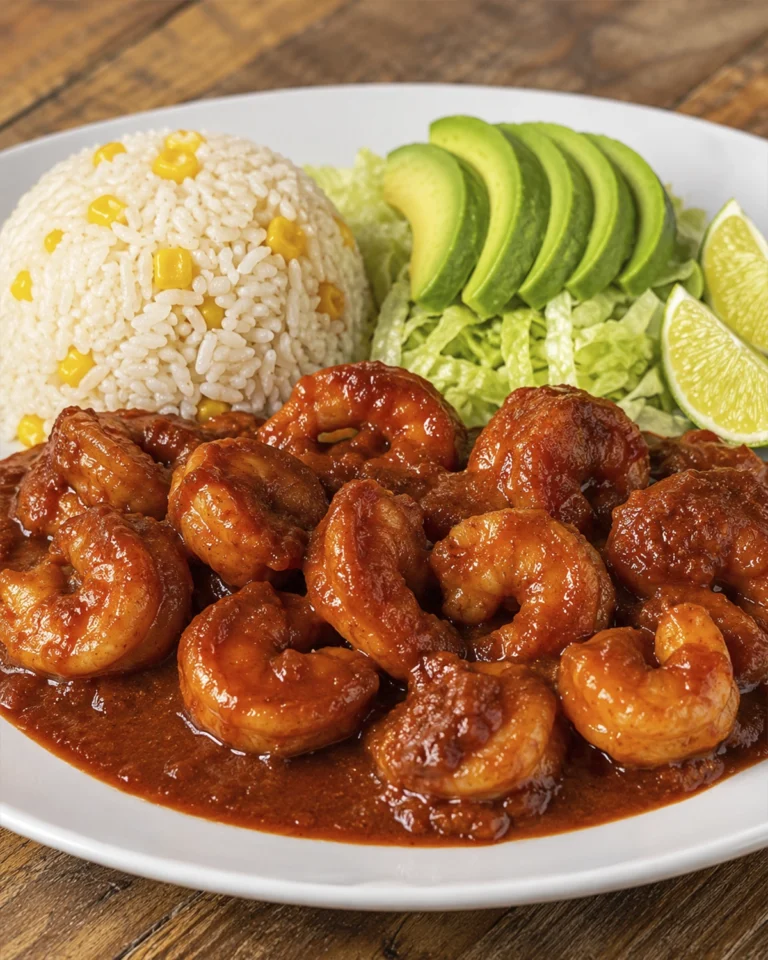Camarones a la diabla servidos con salsa roja picante, arroz blanco, aguacate, lechuga y limón.