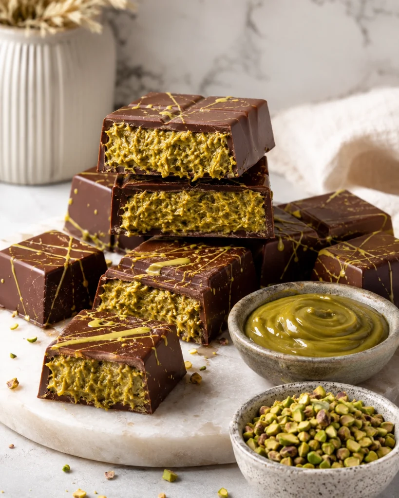 Trozos de Chocolate Dubái servidos con crema de pistacho en un cuenco y pistachos picados.