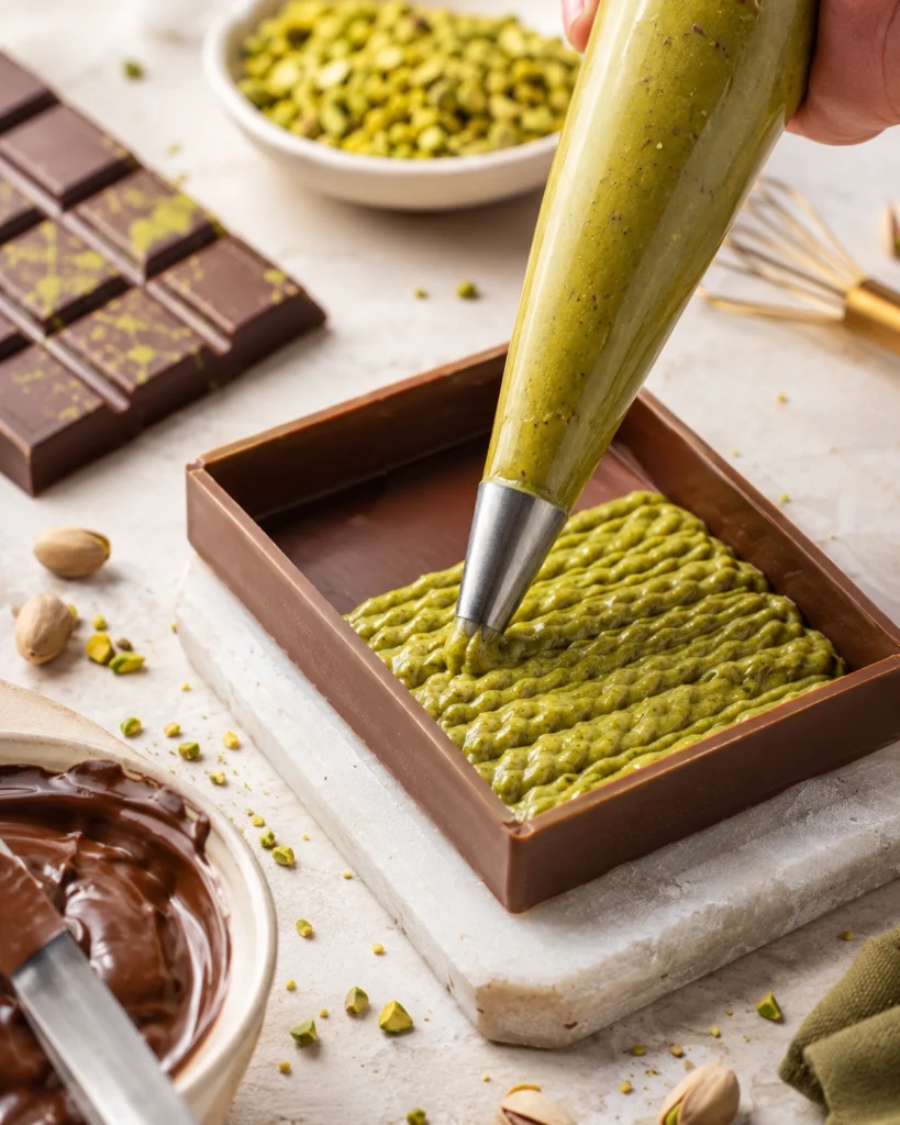 Manga pastelera rellenando una base de chocolate con crema de pistacho verde y textura espesa.