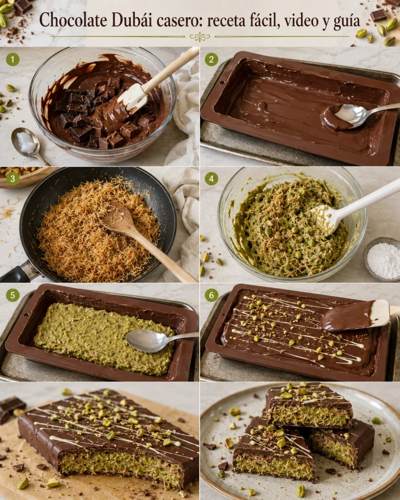 Pasos para preparar Chocolate Dubái con chocolate fundido, relleno de pistacho y masa crujiente.
