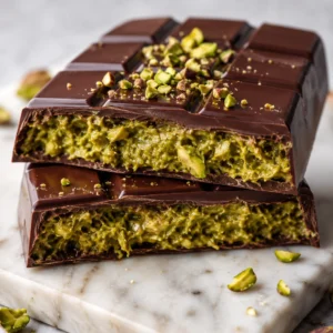 Tableta de Chocolate Dubái casero partida con relleno verde de pistacho y pistachos picados encima.