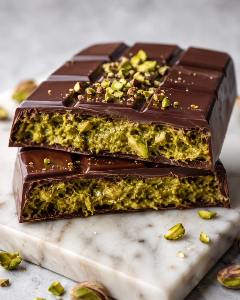 Tableta de Chocolate Dubái casero partida con relleno verde de pistacho y pistachos picados encima.