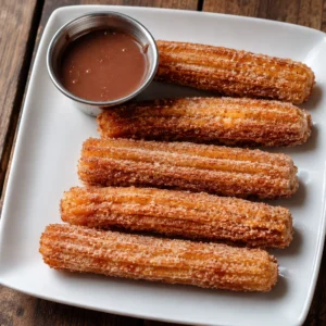 Churros caseros 7 Churros caseros con azúcar y canela cubiertos en la punta con chocolate cremoso.