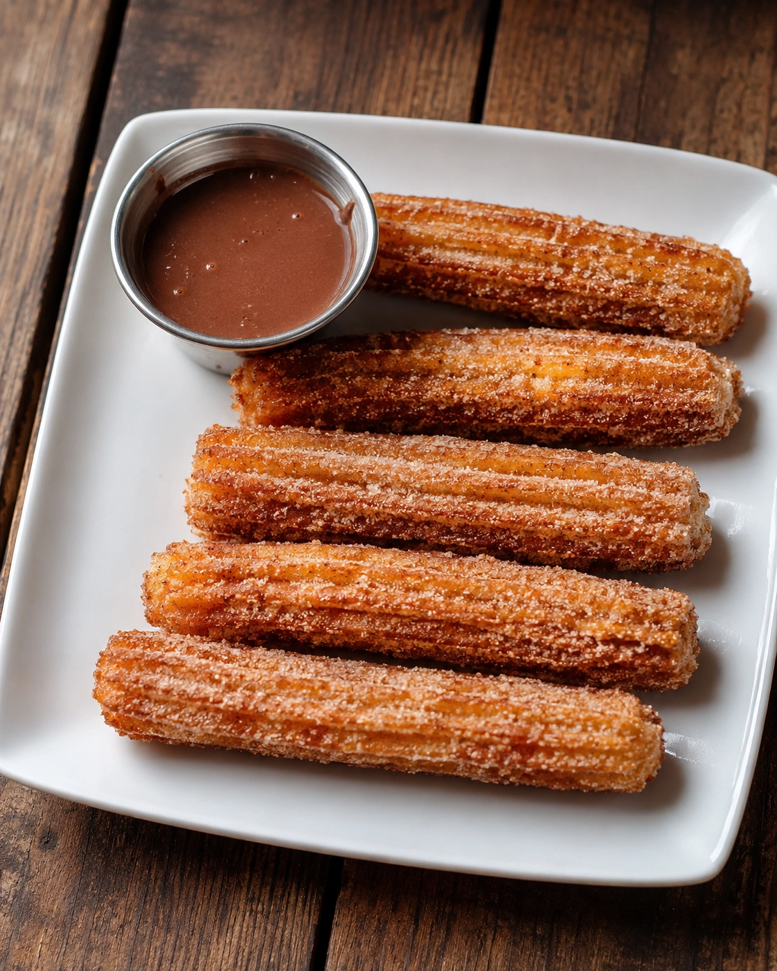 Churros caseros 1 Churros caseros con azúcar y canela cubiertos en la punta con chocolate cremoso.