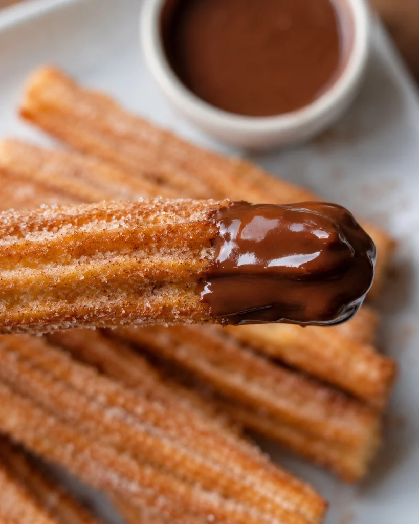 Churros caseros 2 Churros caseros largos rebozados con azúcar sobre un plato blanco junto a salsa de chocolate.