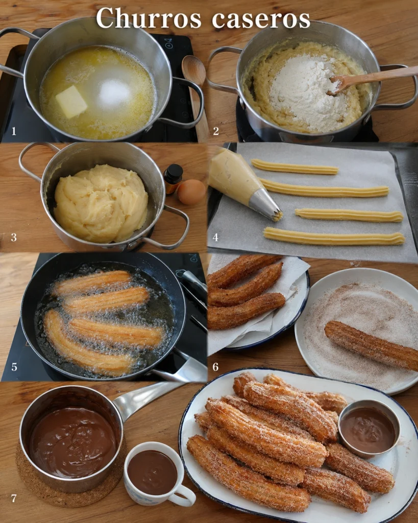 Churros caseros 4 Paso a paso de Churros caseros, desde la masa hasta la fritura y presentación con chocolate.