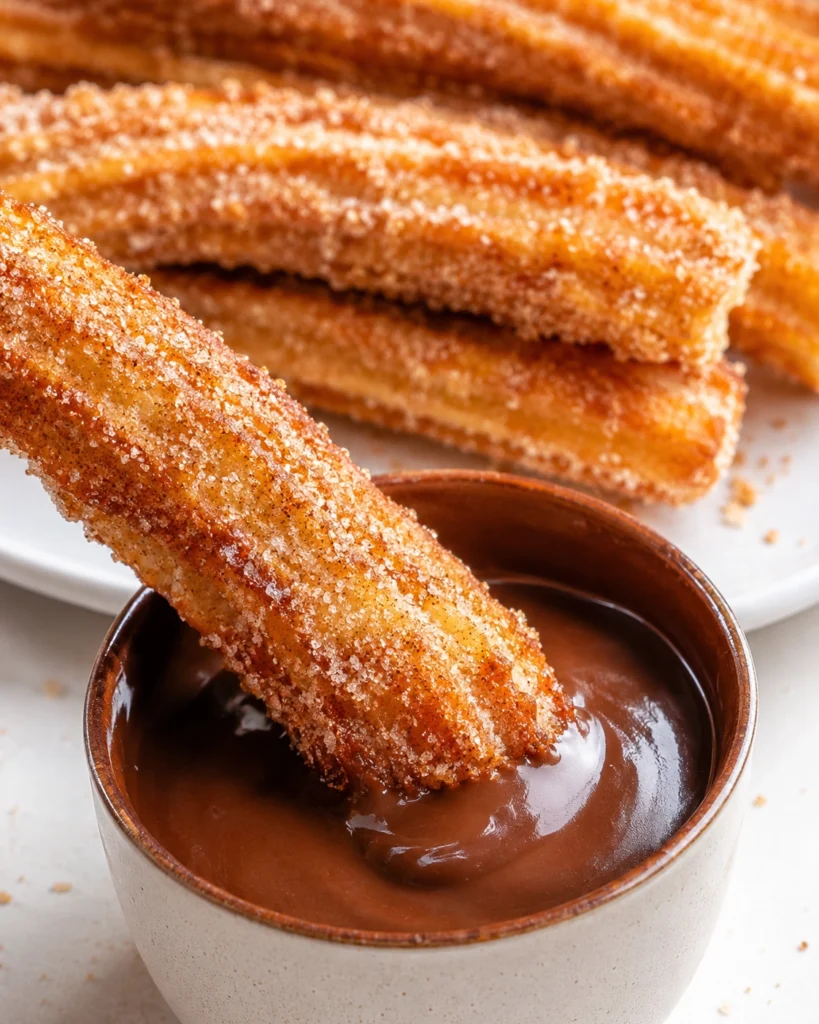 Churros caseros 6 Churros caseros sostenidos con la mano y cubiertos con dulce de leche brillante.