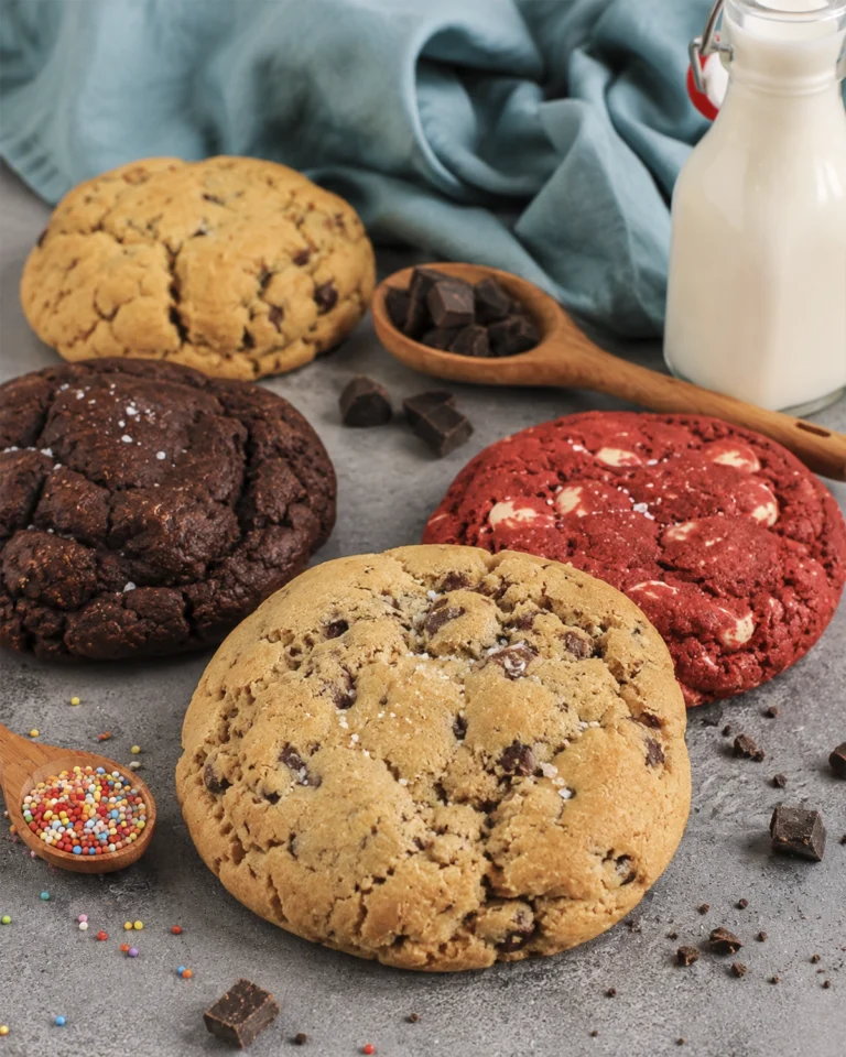 Crumbl cookies caseras recién horneadas con chocolate, red velvet y chips, servidas con leche sobre una mesa gris.