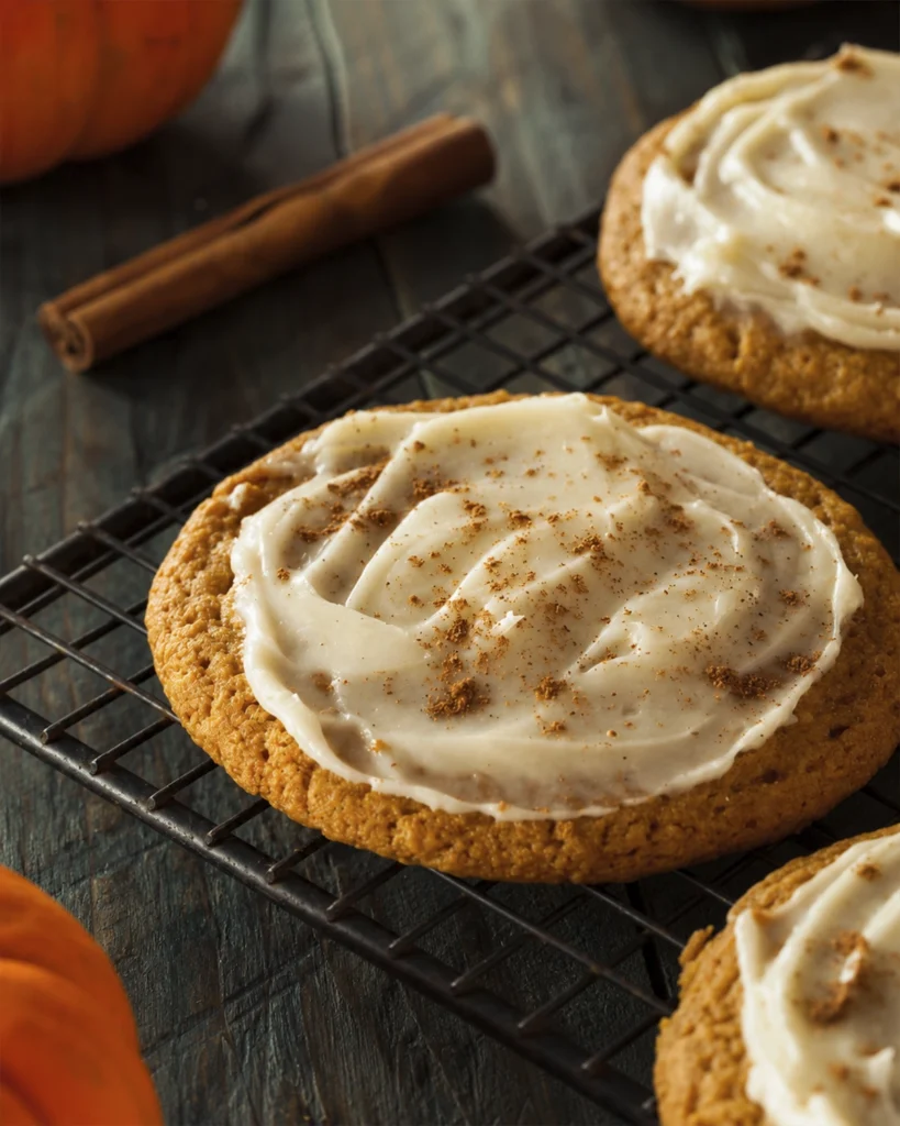 Crumbl Cookies caseras 2 Crumbl cookies con frosting blanco de queso crema y canela sobre una rejilla de enfriado.
