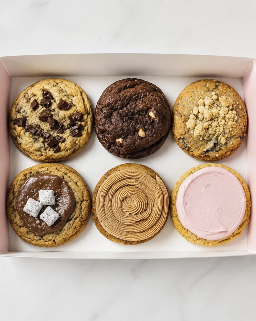 Crumbl Cookies caseras 5 Caja con seis Crumbl cookies caseras de distintos sabores y coberturas, listas para compartir en una mesa dulce.