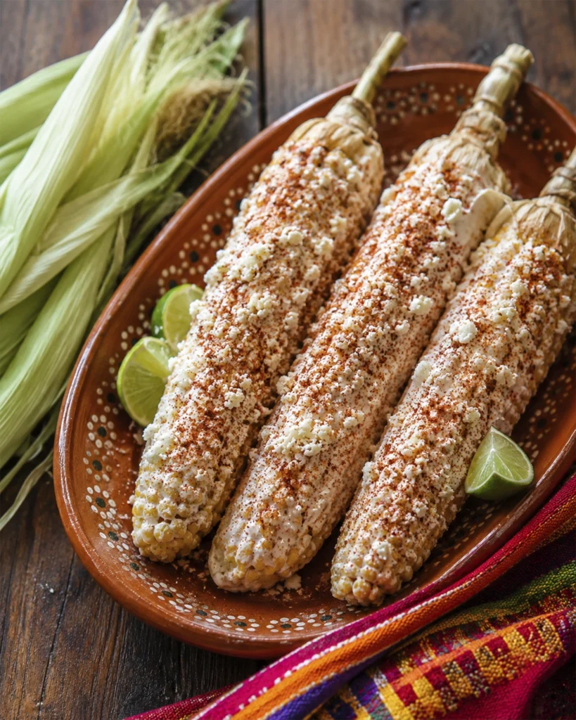 Elotes Mexicanos: 9 Secretos para una Receta Irresistible 5 Tres Elotes Mexicanos con queso cotija, chile y limón servidos sobre una fuente rústica.