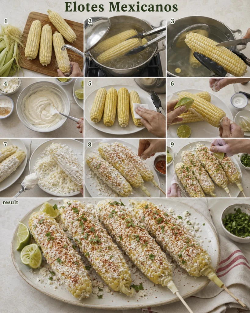 Elotes Mexicanos: 9 Secretos para una Receta Irresistible 4 Preparación paso a paso de Elotes Mexicanos desde la limpieza y cocción hasta la cobertura con queso y chile.