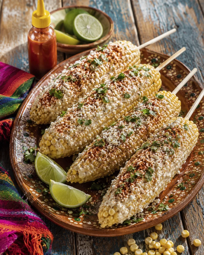 Elotes Mexicanos: 9 Secretos para una Receta Irresistible 6 Elotes Mexicanos con queso cotija, chile, cilantro, limón y salsa picante sobre una fuente de barro.