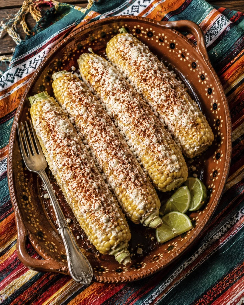 Elotes Mexicanos: 9 Secretos para una Receta Irresistible 2 Cuatro elotes preparados con crema, queso y chile en una bandeja mexicana con tenedor y limón.