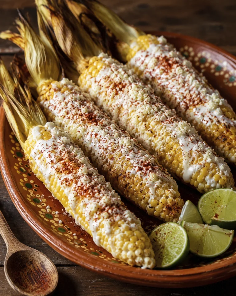 Elotes Mexicanos asados con mayonesa, queso desmenuzado y chile junto a gajos de limón.