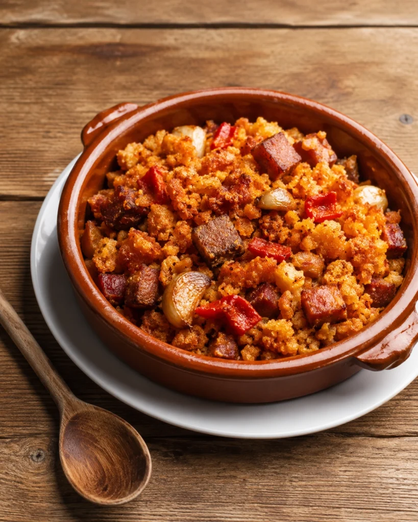 Cazuela de barro con migas rojizas, ajo dorado, pimiento rojo y dados de bacon de res sobre una mesa de madera.