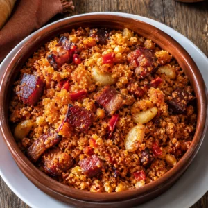 Primer plano de Migas extremeñas doradas con ajo, pimiento rojo y bacon de res crujiente en una cazuela rústica.