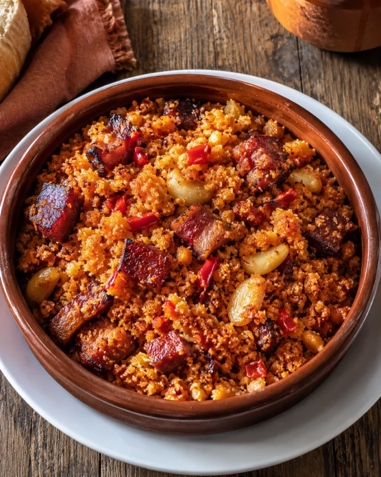 Primer plano de Migas extremeñas doradas con ajo, pimiento rojo y bacon de res crujiente en una cazuela rústica.