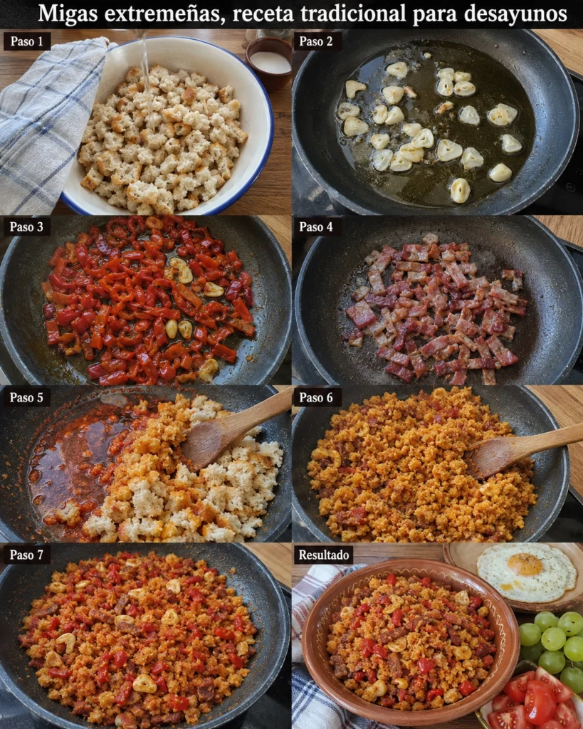 Collage con el proceso de preparación de migas, desde humedecer el pan hasta servir el plato terminado con huevo y uvas.