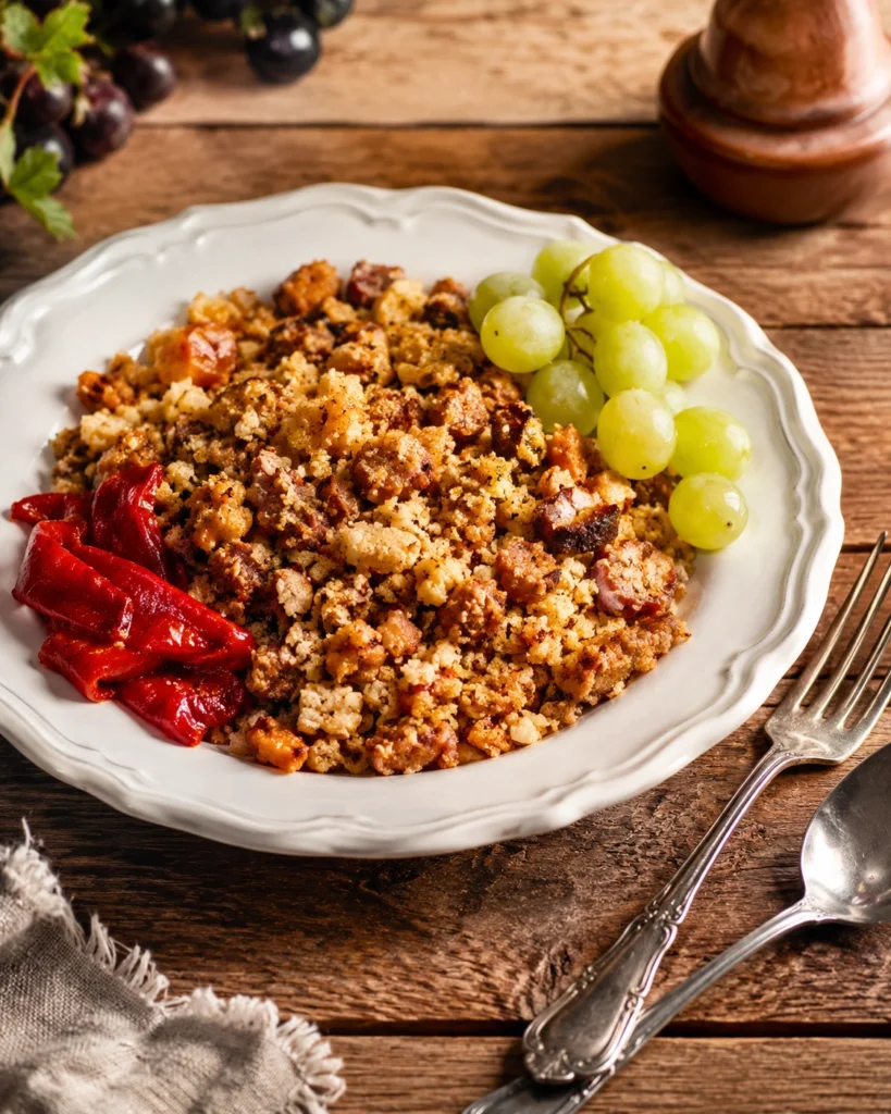 Plato de migas doradas servido con uvas verdes, pimientos rojos asados y cubiertos de mesa sobre madera rústica.