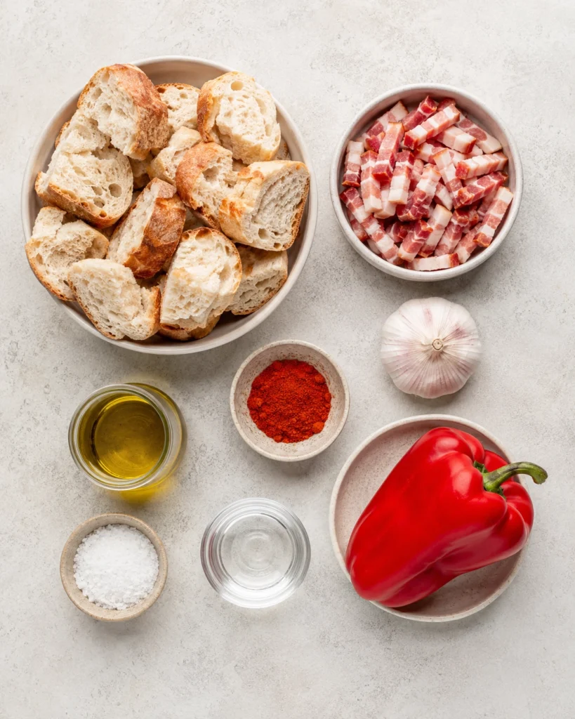 Ingredientes básicos para preparar Migas extremeñas con pan, ajo, pimiento rojo, pimentón, aceite de oliva y bacon de res.
