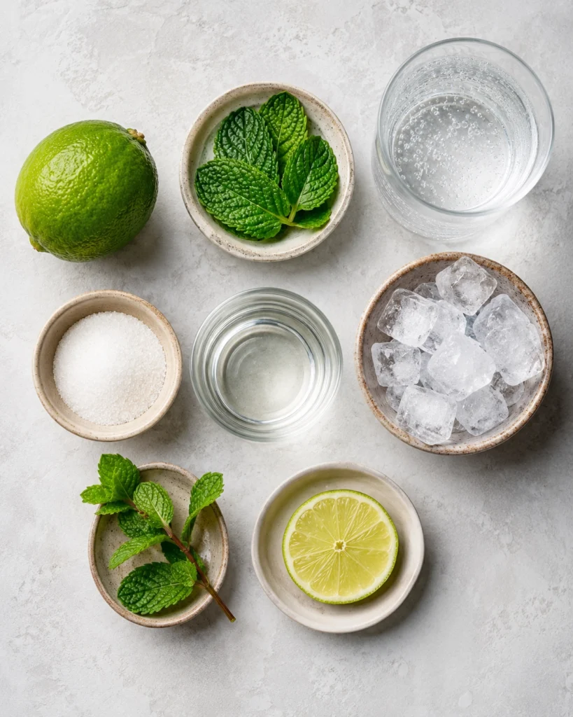 Mojito clásico 3 Ingredientes para preparar una bebida con lima, menta, azúcar, hielo y agua con gas.