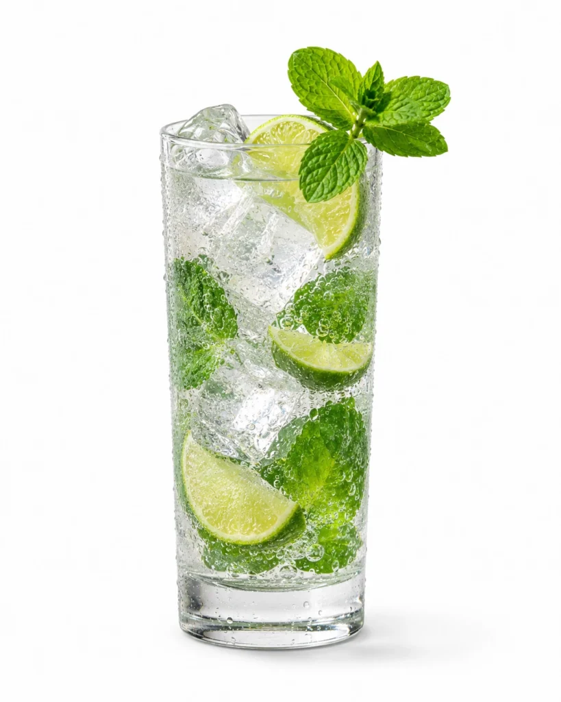 Mojito clásico 2 Vaso alto con lima, menta fresca, hielo brillante y soda burbujeante sobre fondo blanco.
