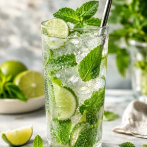 Mojito clásico 6 Vaso alto con bebida refrescante de lima, menta fresca, hielo y boquilla metálica reutilizable.