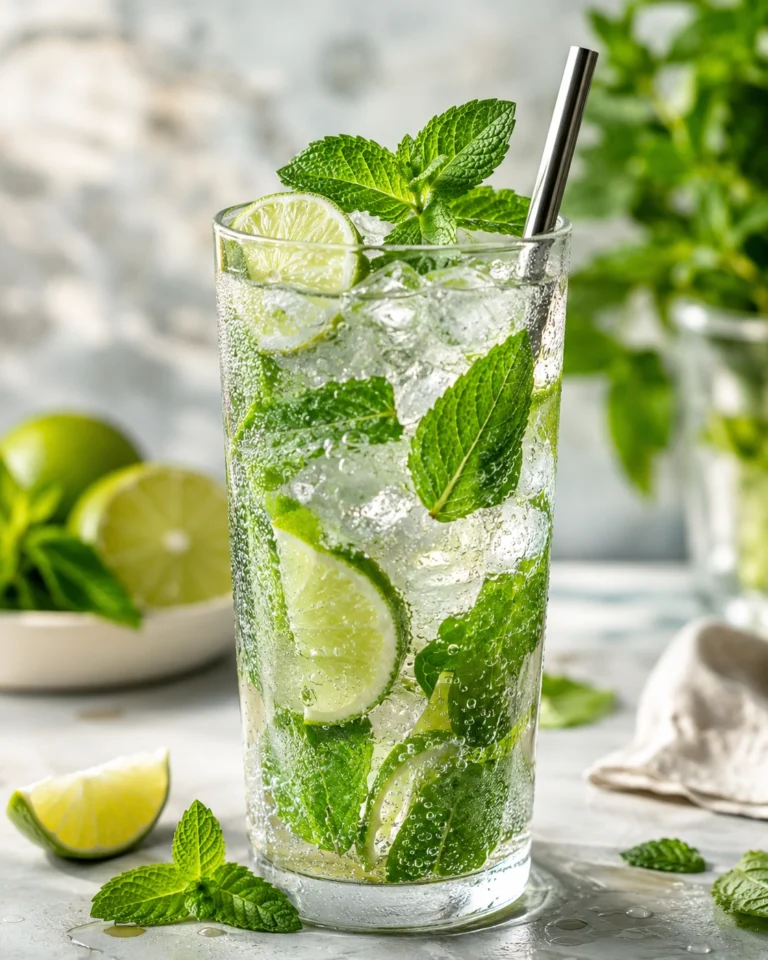 Vaso alto con bebida refrescante de lima, menta fresca, hielo y boquilla metálica reutilizable.